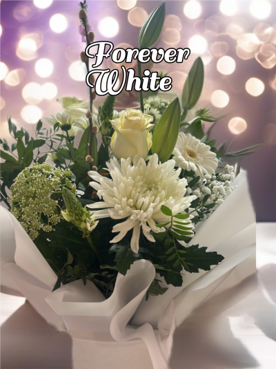 Forever White - A stunning bouquet filled with white lilies, avalanche roses, white lisianthus and other seasonal flowers finished with green foliagea selection of mixed seasonal flowers, flowers may vary at peak times, our professional florists will make a beautiful bouquet with substitute flowers at the same value.

Aqua Packed, this Bouquet is delivered in water.
Picture shows standard size option
Same day delivery available please order before 1pm