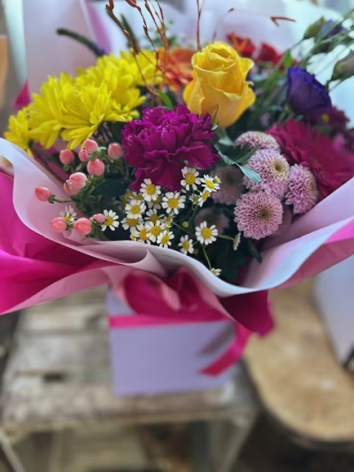 Large Florist Choice - Selection of summer blooms designed and arranged by your florist in a aqua box for easy care