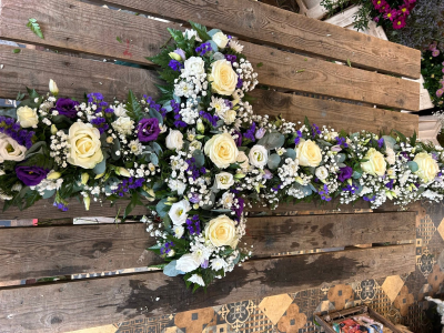 Cross - A classic cross-shaped tribute in elegant cream, white and purple tones.